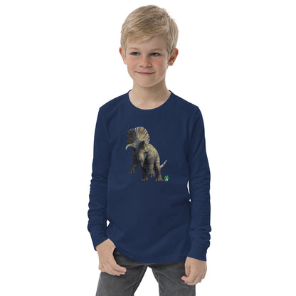 A boy standing and wearing a navy blue long-sleeve T-shirt featuring a printed graphic of a life like Triceratops, by Wizard Prints.