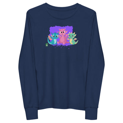 Kids' navy blue long-sleeve T-shirt featuring a printed graphic of colorful dragons, by Wizard Prints.