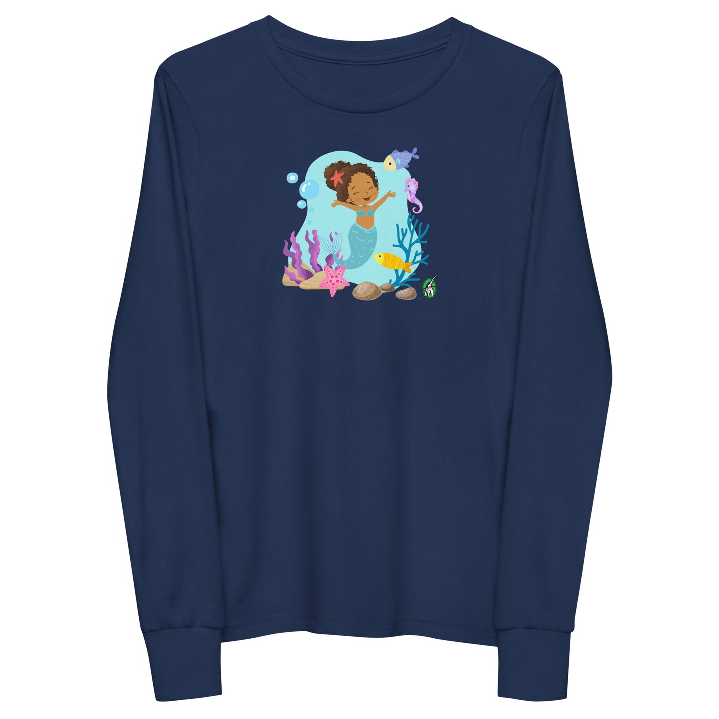 Kids' navy blue long-sleeve T-shirt featuring a printed graphic of a curly head mermaid with sea creatures and water, by Wizard Prints.