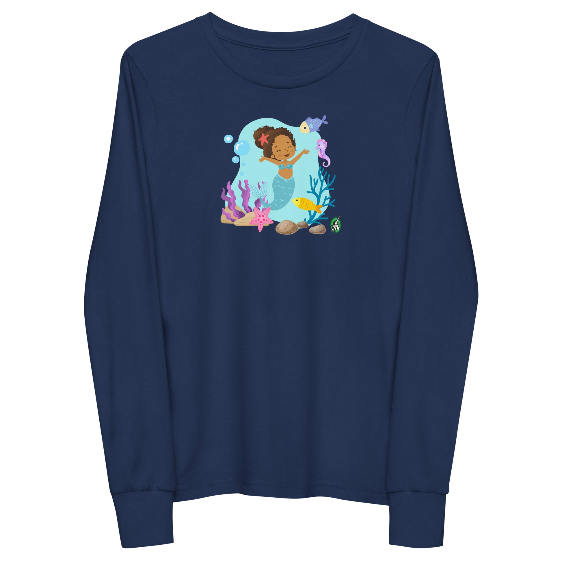 Kids' navy blue long-sleeve T-shirt featuring a printed graphic of a curly head mermaid with sea creatures and water, by Wizard Prints.