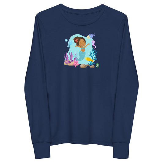 Kids' navy blue long-sleeve T-shirt featuring a printed graphic of a curly head mermaid with sea creatures and water, by Wizard Prints.