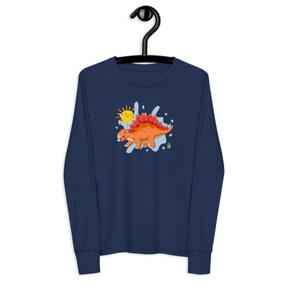 Kids' navy blue long sleeve t-shirt with a printed graphic of an orange dinosaur and the sun, by Wizard Prints.