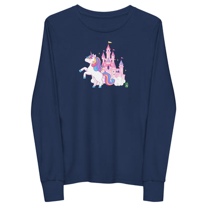 Kids' navy blue long-sleeve T-shirt featuring a printed graphic of a unicorn in front of a castle, by Wizard Prints.