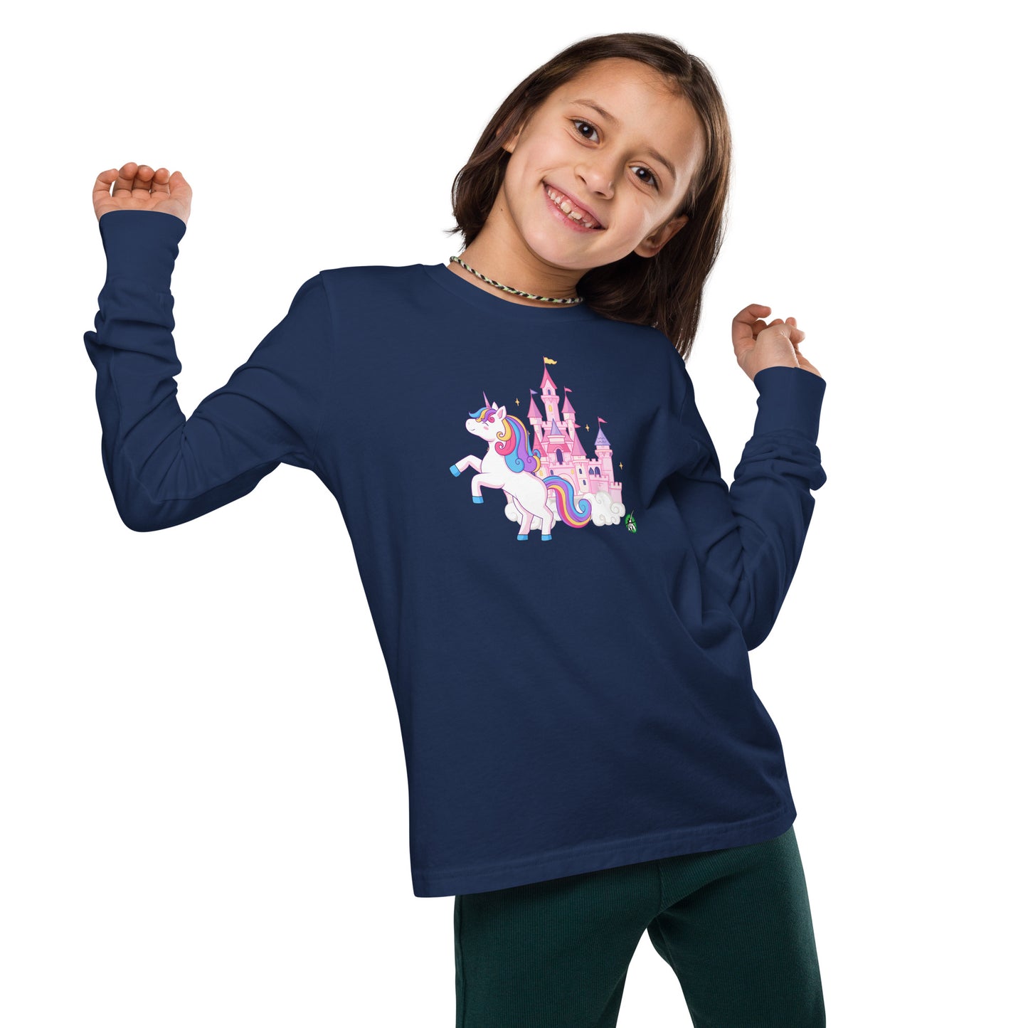 A girl standing and wearing a navy blue long-sleeve T-shirt featuring a printed graphic of a unicorn in front of a castle, by Wizard Prints.