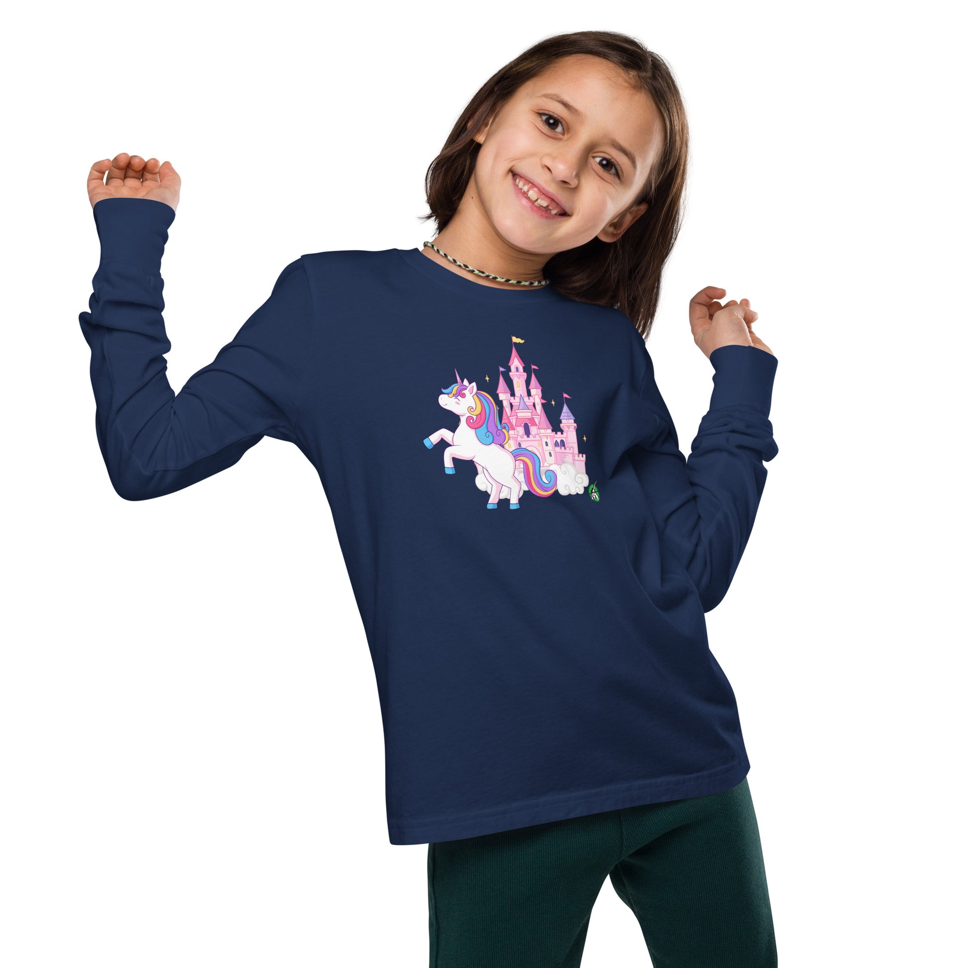 A girl standing and wearing a navy blue long-sleeve T-shirt featuring a printed graphic of a unicorn in front of a castle, by Wizard Prints.
