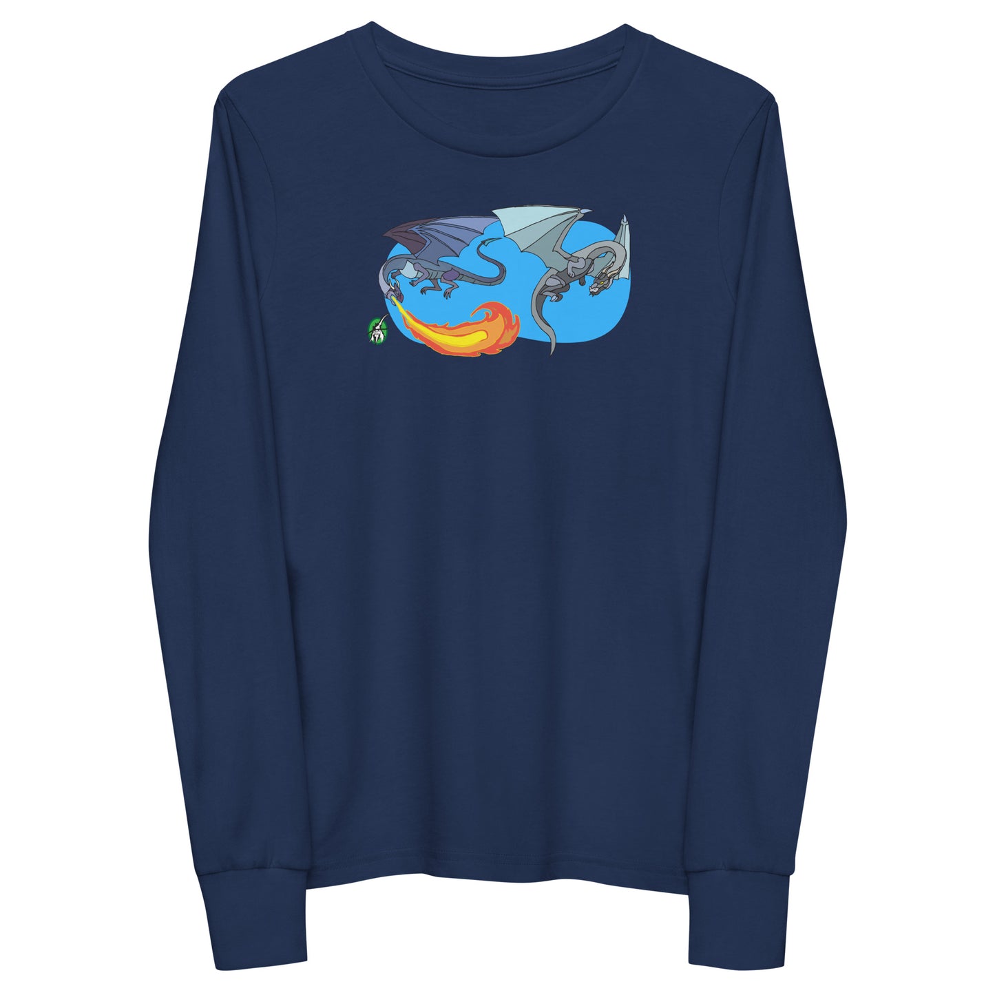 Kids' navy blue long-sleeve T-shirt featuring a printed graphic of two flying fiery dragons, by Wizard Prints.