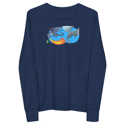 Kids' navy blue long-sleeve T-shirt featuring a printed graphic of two flying fiery dragons, by Wizard Prints.