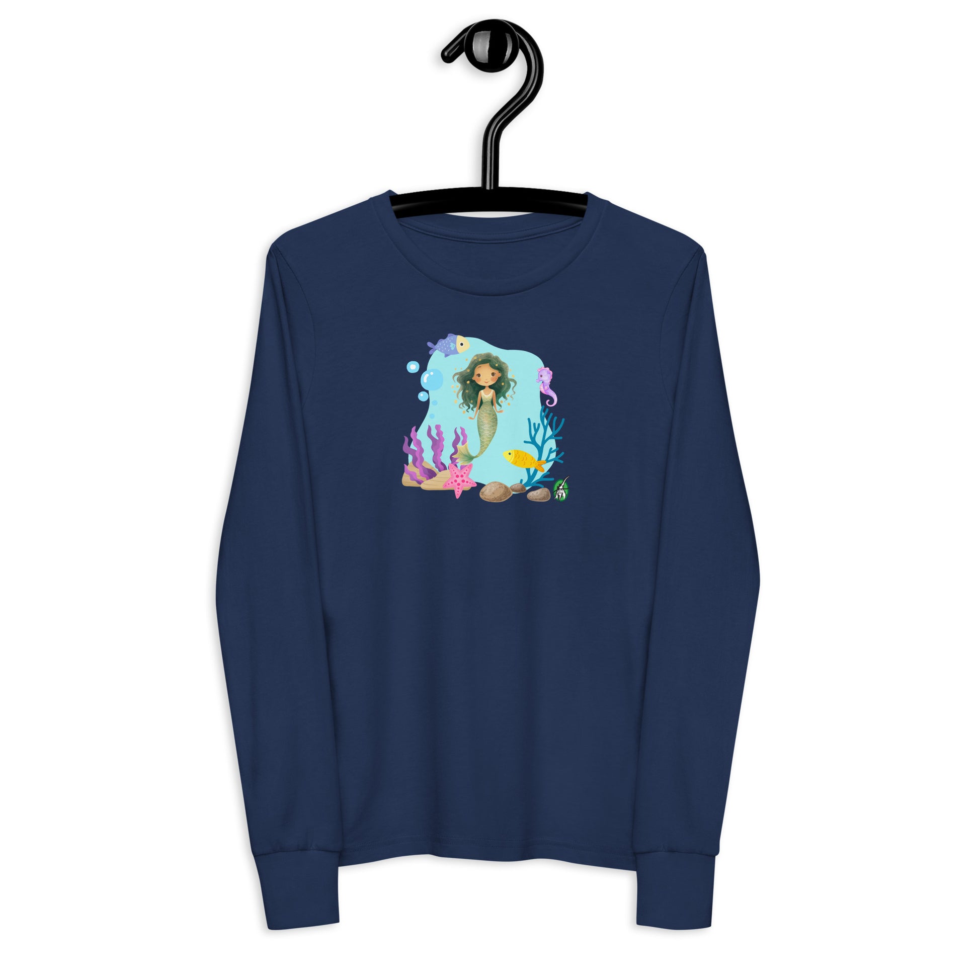 Kids' navy blue long-sleeve T-shirt featuring a printed graphic of a mermaid with sea creatures and water, by Wizard Prints.