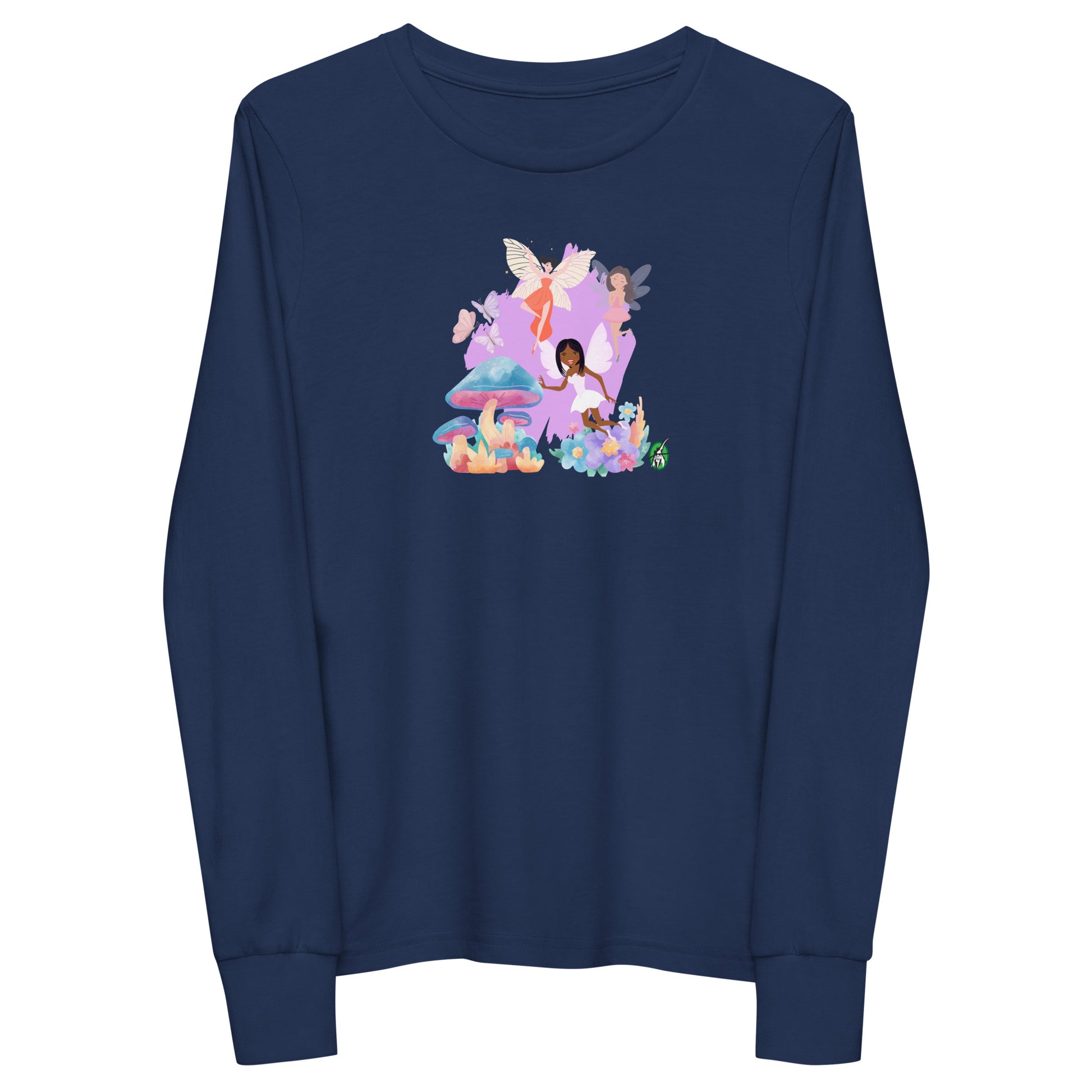 Kids' navy blue long-sleeve T-shirt featuring a printed graphic of fairies flying over mushrooms, by Wizard Prints.