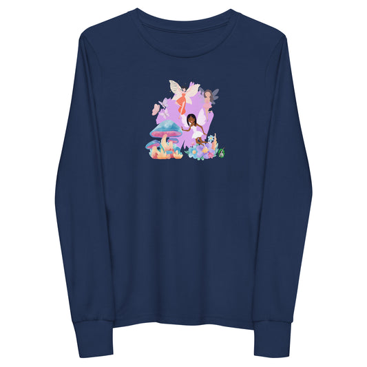 Kids' navy blue long-sleeve T-shirt featuring a printed graphic of fairies flying over mushrooms, by Wizard Prints.