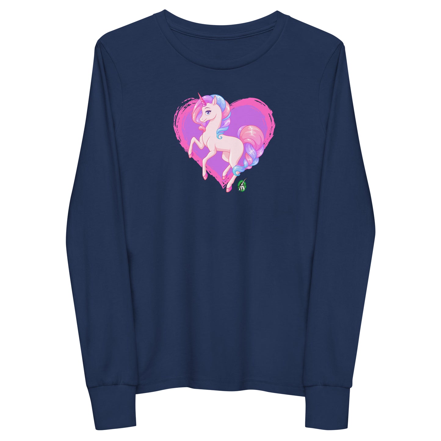 Kids' navy blue long-sleeve T-shirt featuring a printed graphic of a pink unicorn on a purple heart background, by Wizard Prints.
