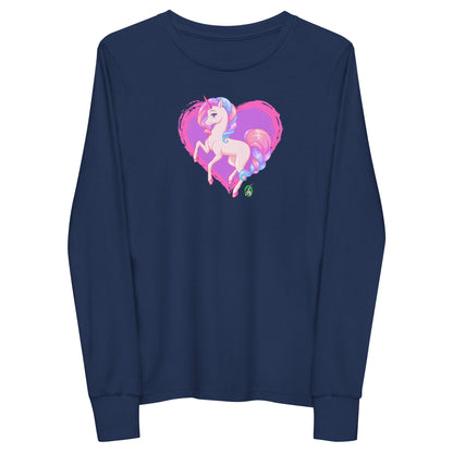 Kids' navy blue long-sleeve T-shirt featuring a printed graphic of a pink unicorn on a purple heart background, by Wizard Prints.