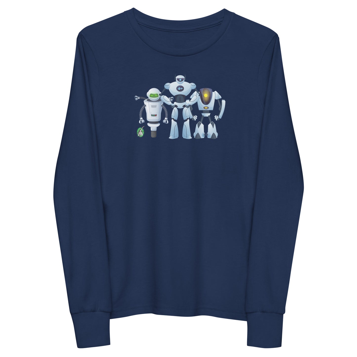Kids' navy blue long-sleeve T-shirt featuring a printed graphic of robots, by Wizard Prints.