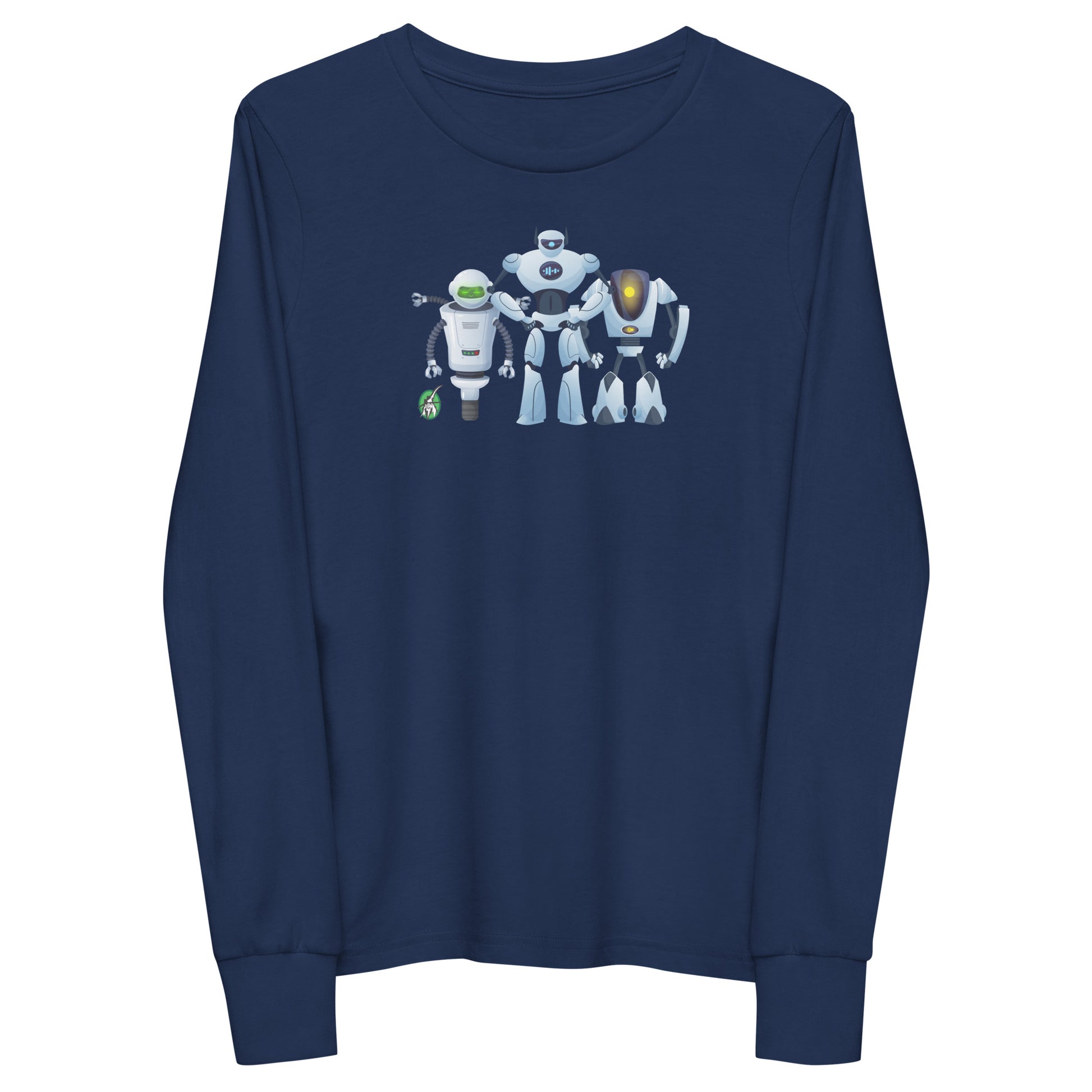 Kids' navy blue long-sleeve T-shirt featuring a printed graphic of robots, by Wizard Prints.