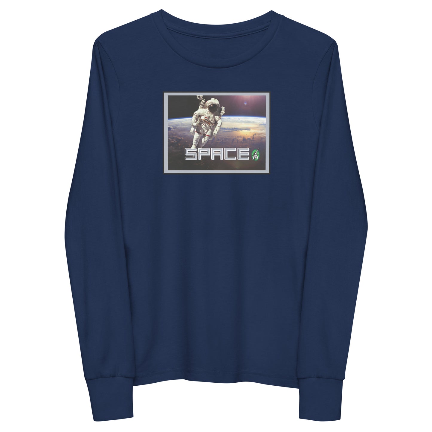 Kids' navy blue long-sleeve T-shirt featuring a printed graphic of a real astronaut in space and the word "Space", by Wizard Prints.