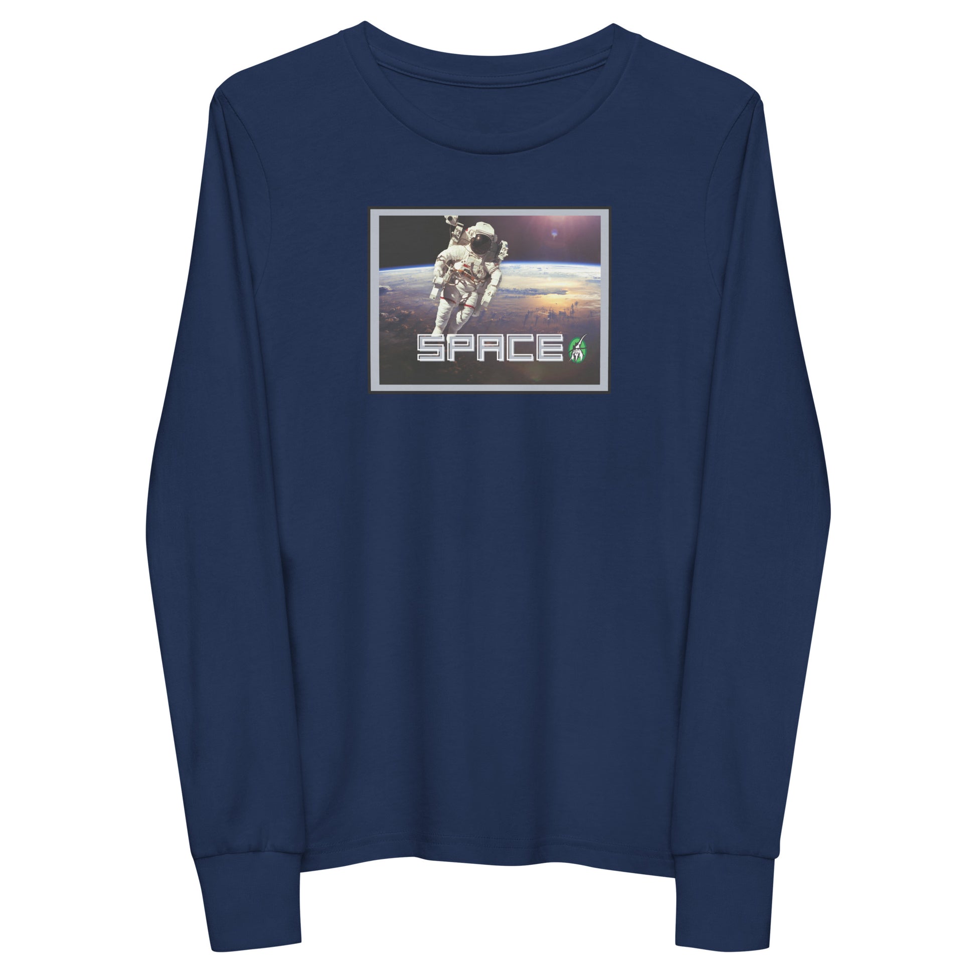 Kids' navy blue long-sleeve T-shirt featuring a printed graphic of a real astronaut in space and the word "Space", by Wizard Prints.