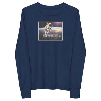 Kids' navy blue long-sleeve T-shirt featuring a printed graphic of a real astronaut in space and the word "Space", by Wizard Prints.