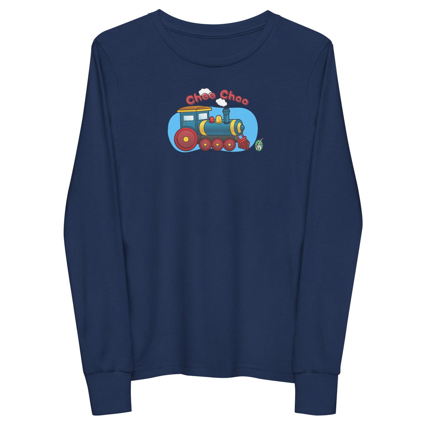Kids' navy blue long-sleeve T-shirt featuring a printed graphic of a train and the words "Choo Choo", by Wizard Prints.