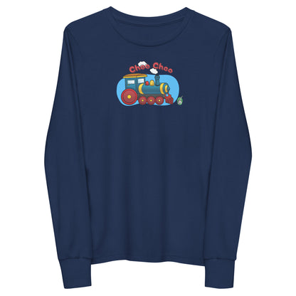Kids' navy blue long-sleeve T-shirt featuring a printed graphic of a train and the words "Choo Choo", by Wizard Prints.