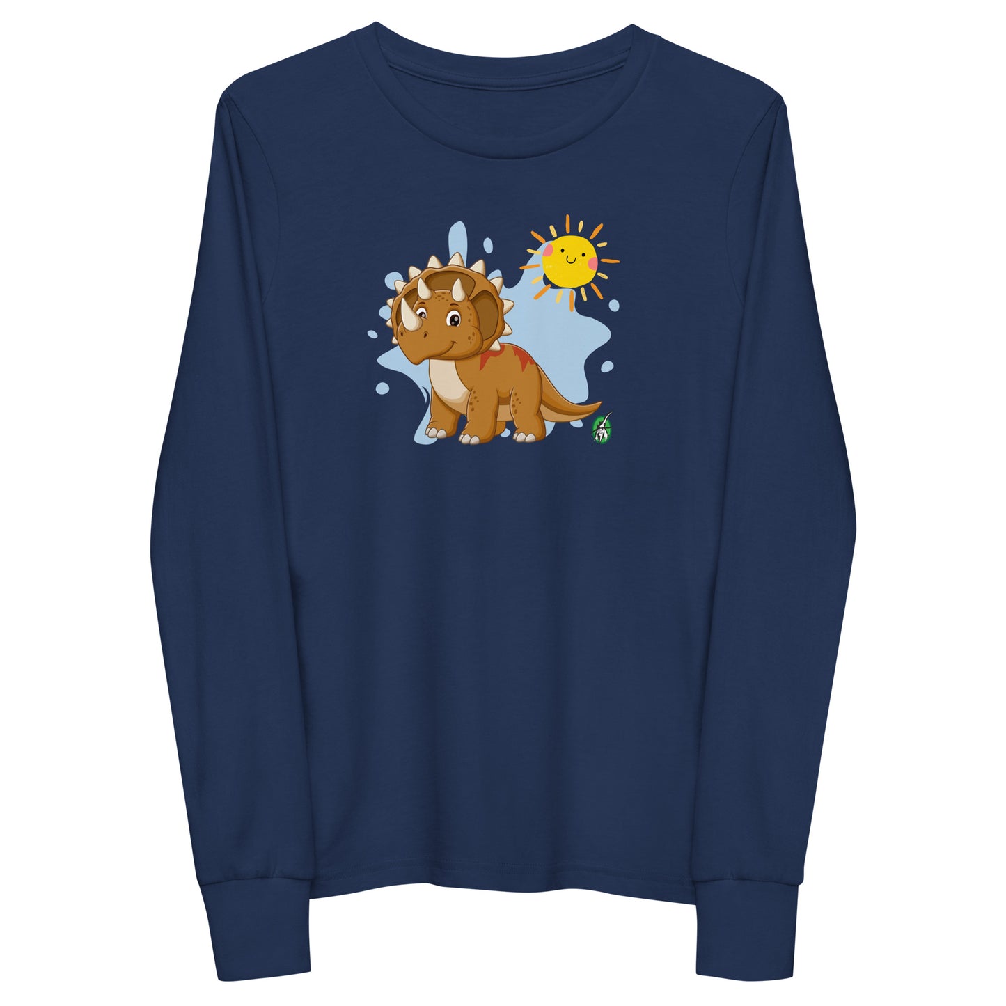 Kids' navy blue long sleeve t-shirt with a printed graphic of a triceratops dinosaur and the sun, by Wizard Prints.