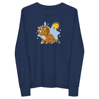 Kids' navy blue long sleeve t-shirt with a printed graphic of a triceratops dinosaur and the sun, by Wizard Prints.