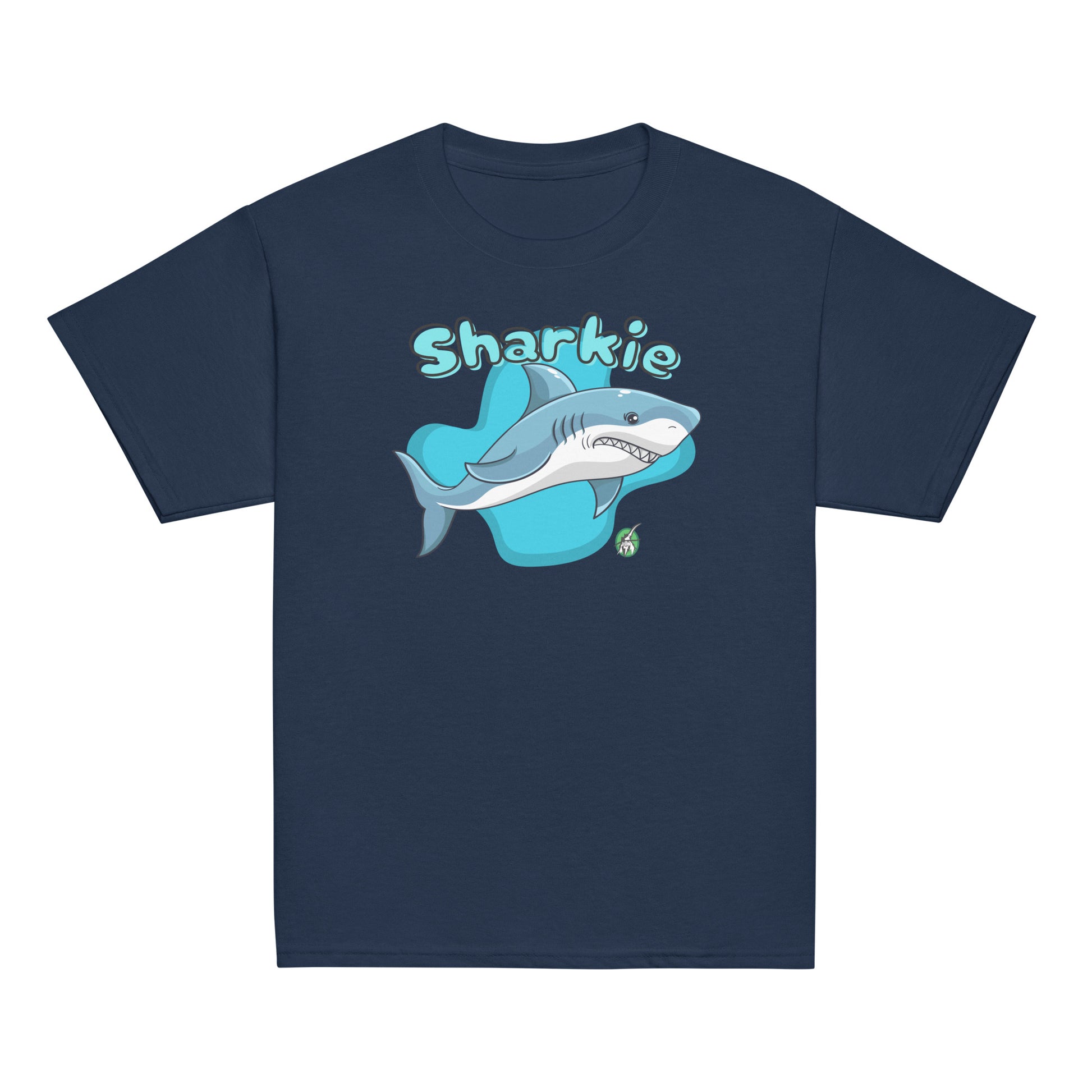 Kids' navy blue t-shirt featuring a printed graphic of a cartoon shark and the word, Sharkie, by Wizard Prints.