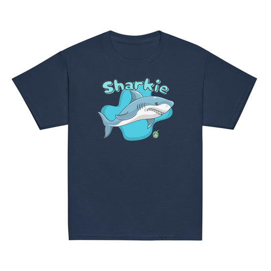 Kids' navy blue t-shirt featuring a printed graphic of a cartoon shark and the word, Sharkie, by Wizard Prints.