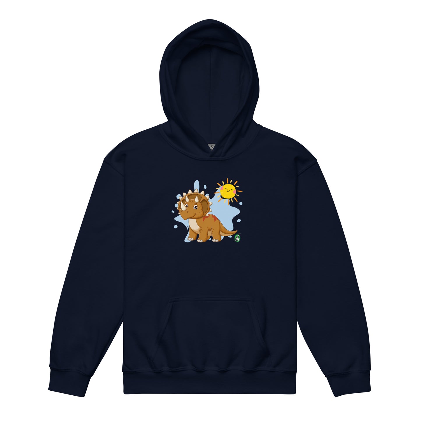 A Wizard Prints kids hoodie in dark navy with a printed graphic on the front of a cartoon dinosaur