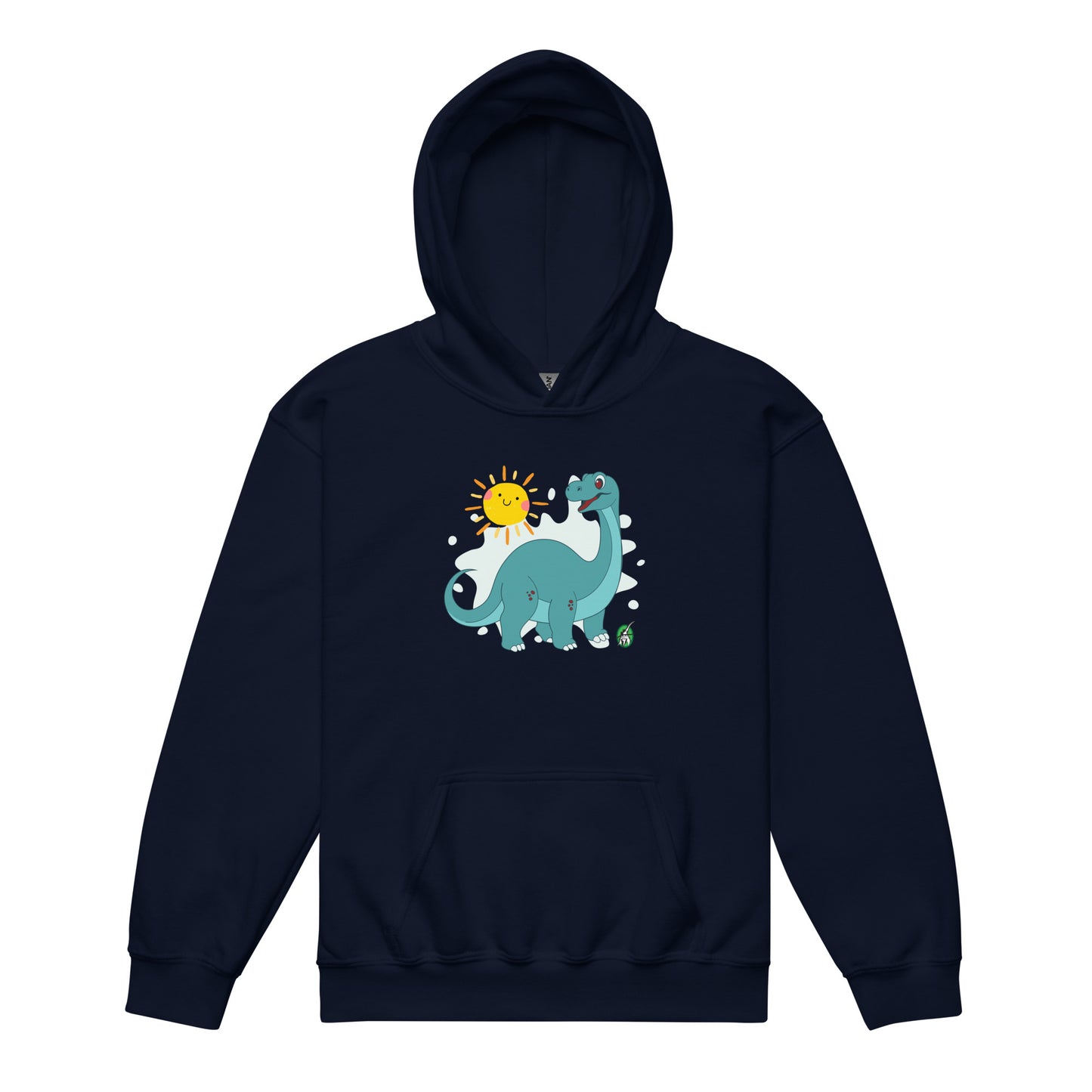 A Wizard Prints kids hoodie in navy with a printed graphic on the front of a cartoon dinosaur