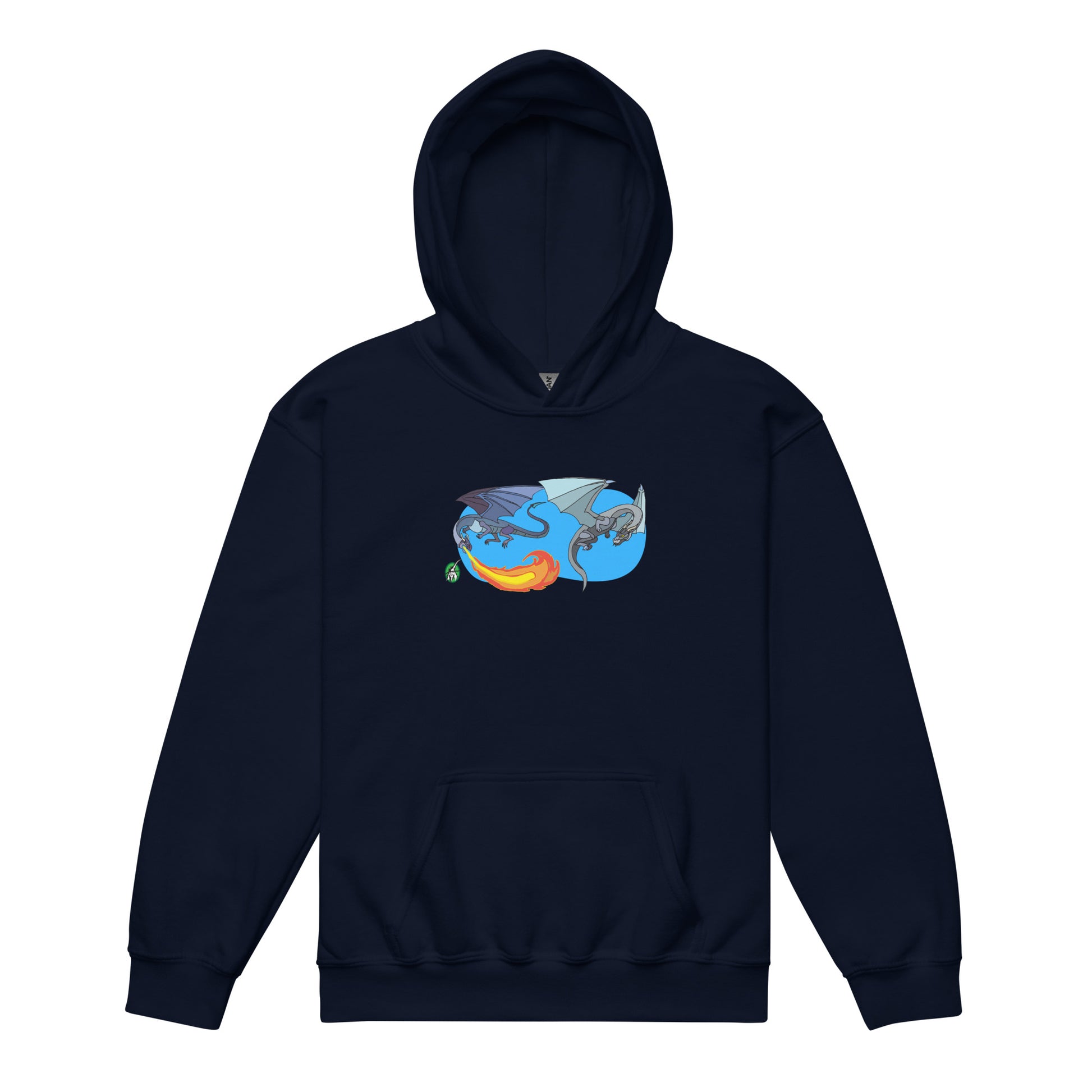 A Wizard Prints kids hoodie in navy with a printed graphic on the front of two flying cartoon dragons