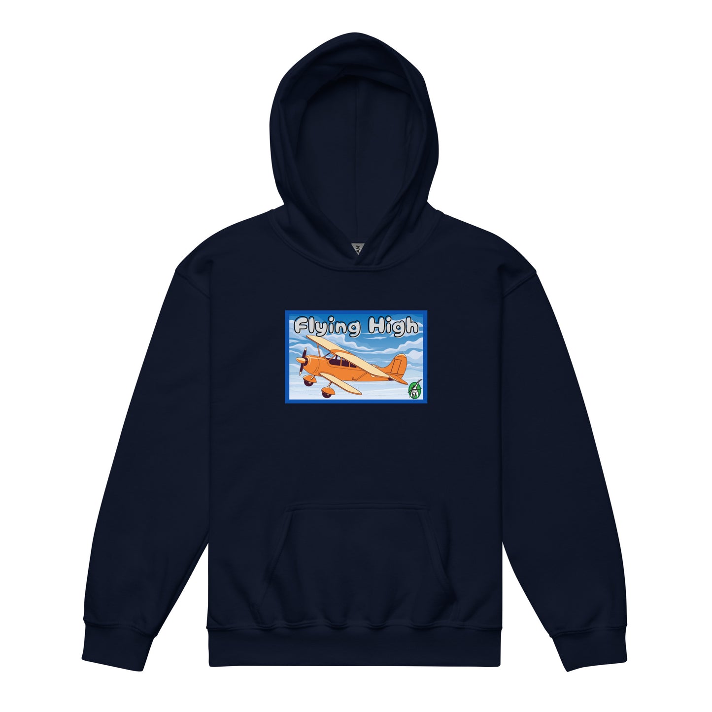 A Wizard Prints kids hoodie in navy with a printed graphic on the front of plane with the words flying high
