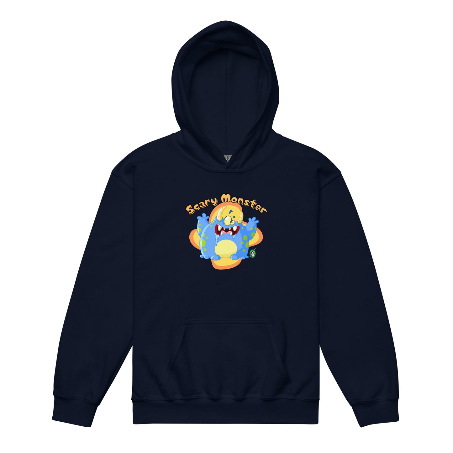 A Wizard Prints kids hoodie in navy with a printed graphic on the front of a cartoon monster with the words, Scary Monster
