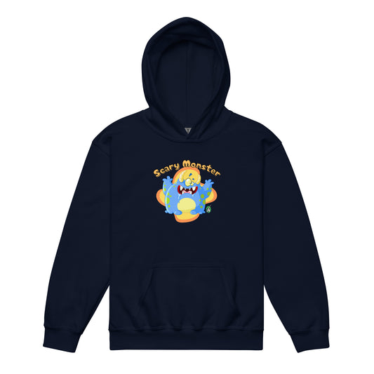 A Wizard Prints kids hoodie in navy with a printed graphic on the front of a cartoon monster with the words, Scary Monster
