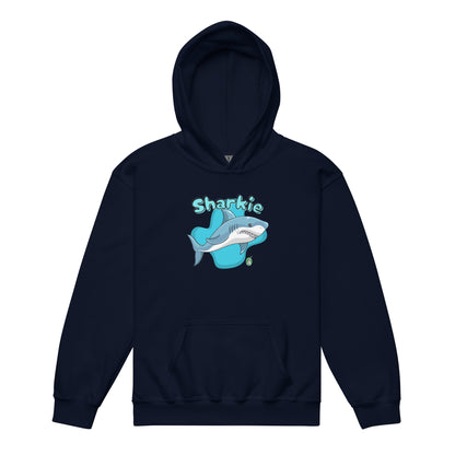 A Wizard Prints kids hoodie in navy with a printed graphic on the front of a cartoon shark with the words, Sharkie
