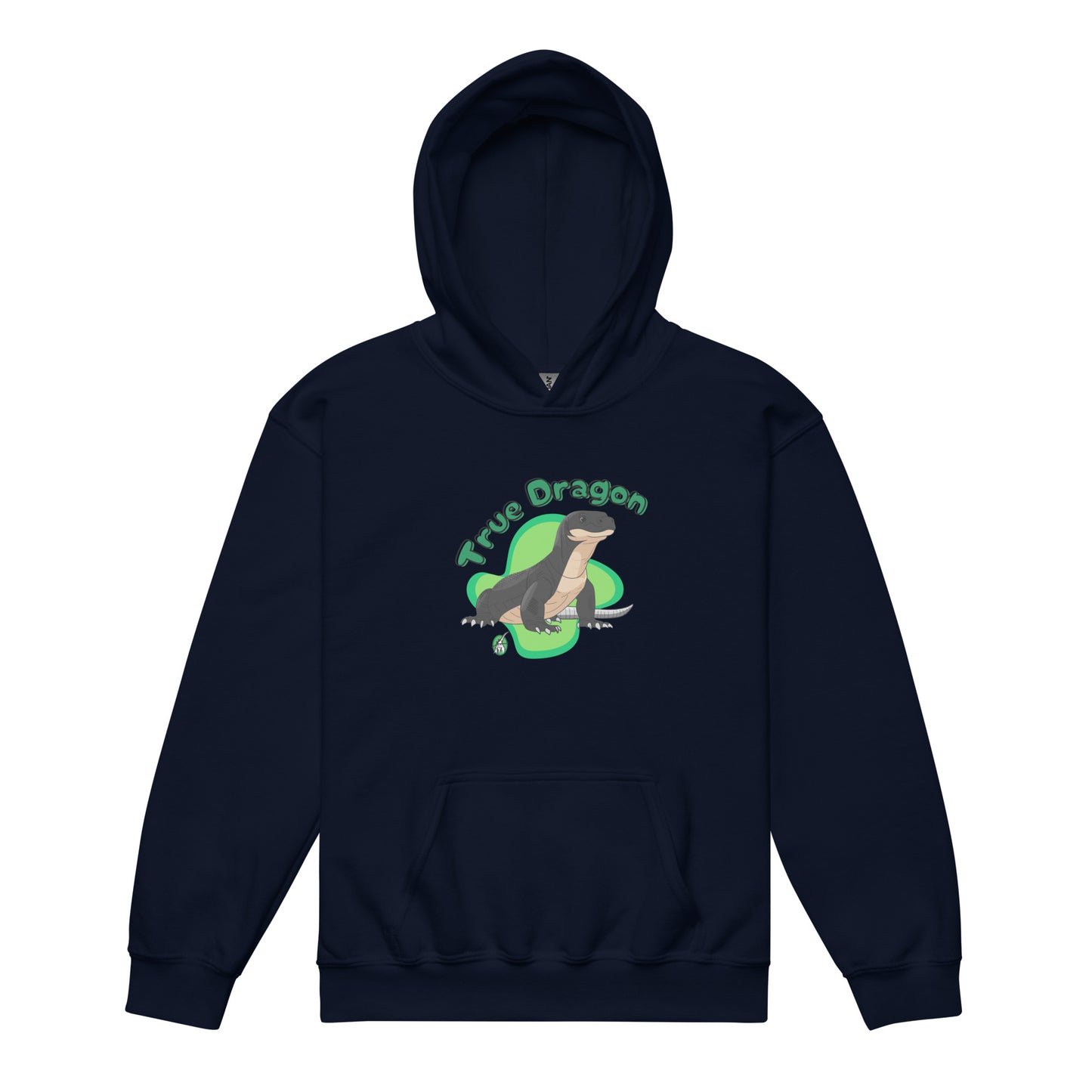 A Wizard Prints kids hoodie in navy with a printed graphic on the front of a dragon with the words True Dragon