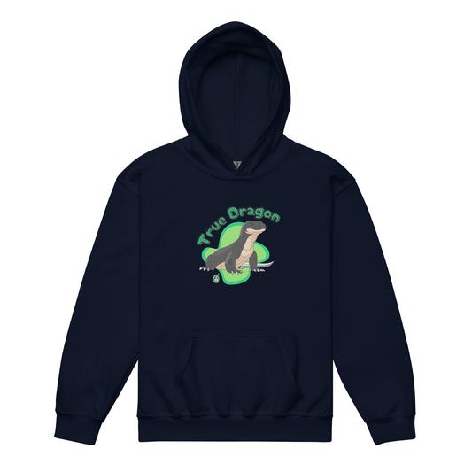 A Wizard Prints kids hoodie in navy with a printed graphic on the front of a dragon with the words True Dragon