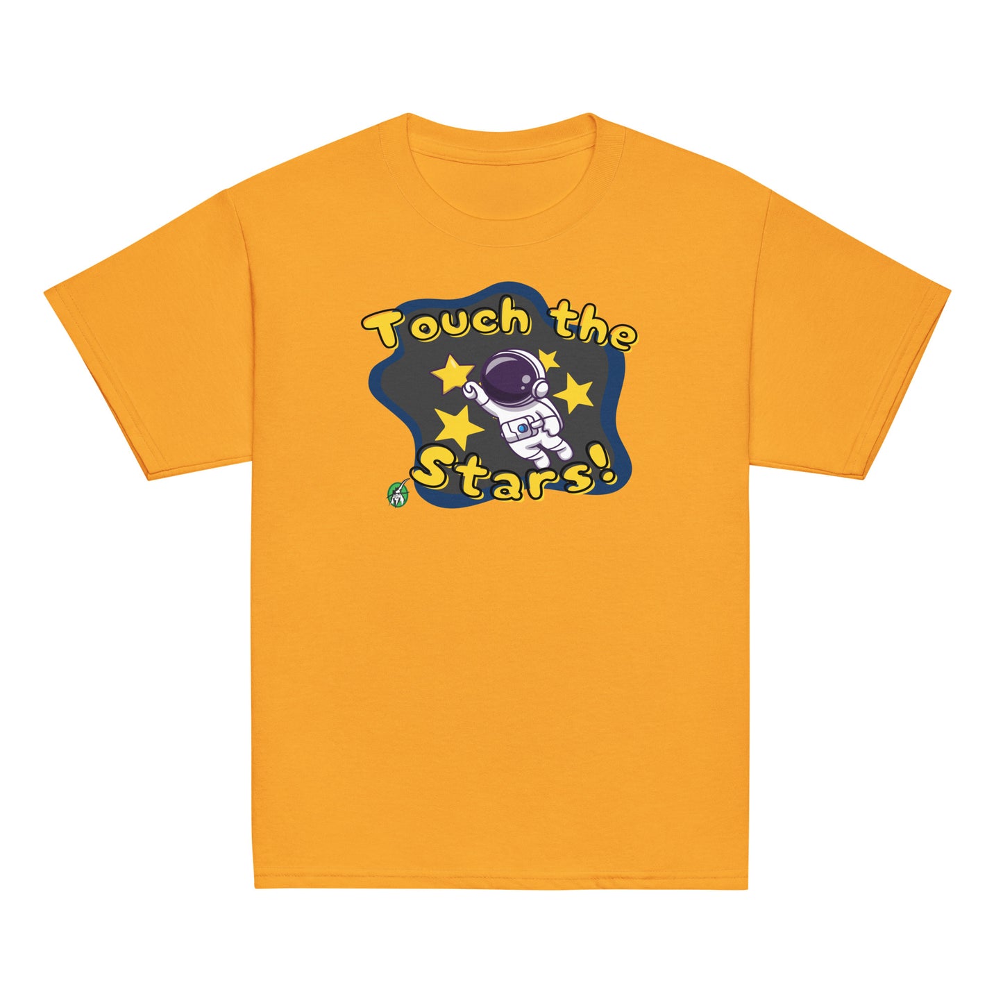 Kids' orange t-shirt featuring a printed graphic of a cartoon astronaut and the words, 'Touch the Stars'. Designed by Wizard Prints.