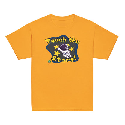 Kids' orange t-shirt featuring a printed graphic of a cartoon astronaut and the words, 'Touch the Stars'. Designed by Wizard Prints.