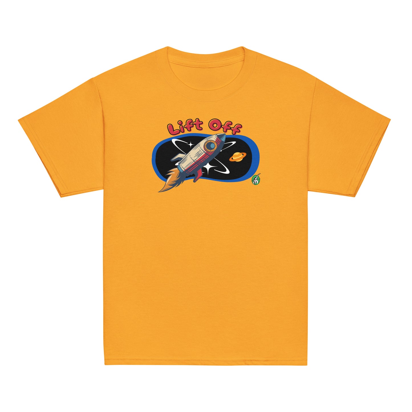 Kids' orange t-shirt featuring a printed graphic of a rocket and the words, 'Lift Off', by Wizard Prints.