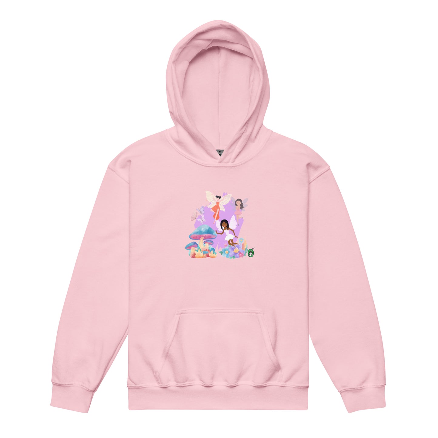 A Wizard Prints kids hoodie in pink with a printed graphic on the front of a group of cartoon fairies 