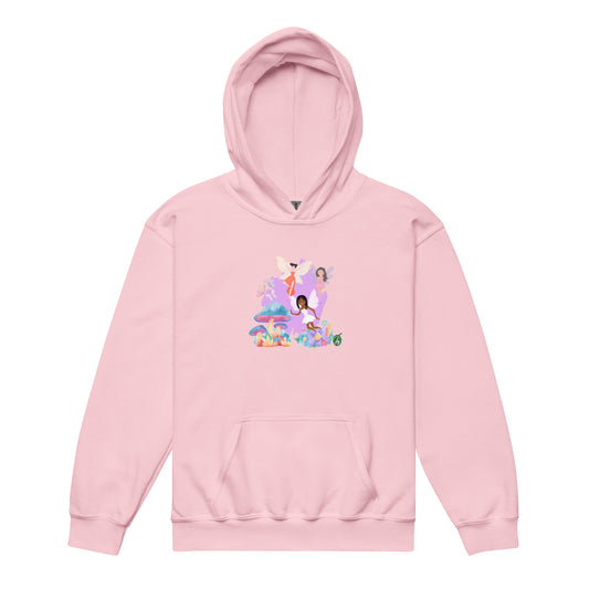 A Wizard Prints kids hoodie in pink with a printed graphic on the front of a group of cartoon fairies 