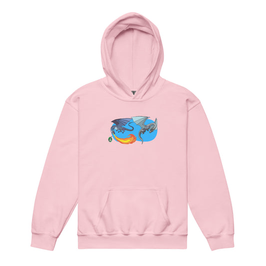 A Wizard Prints kids hoodie in pink with a printed graphic on the front of two flying cartoon dragons