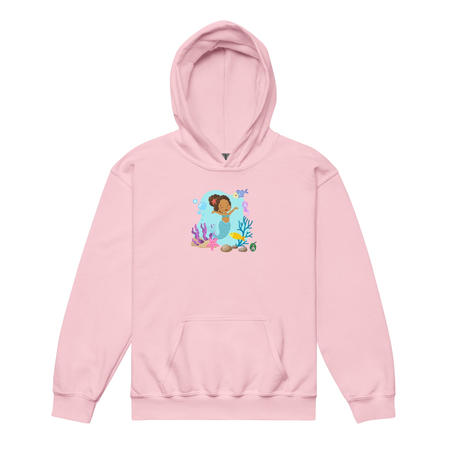 A Wizard Prints kids hoodie in pink with a printed graphic on the front of a cartoon mermaid in the ocean
