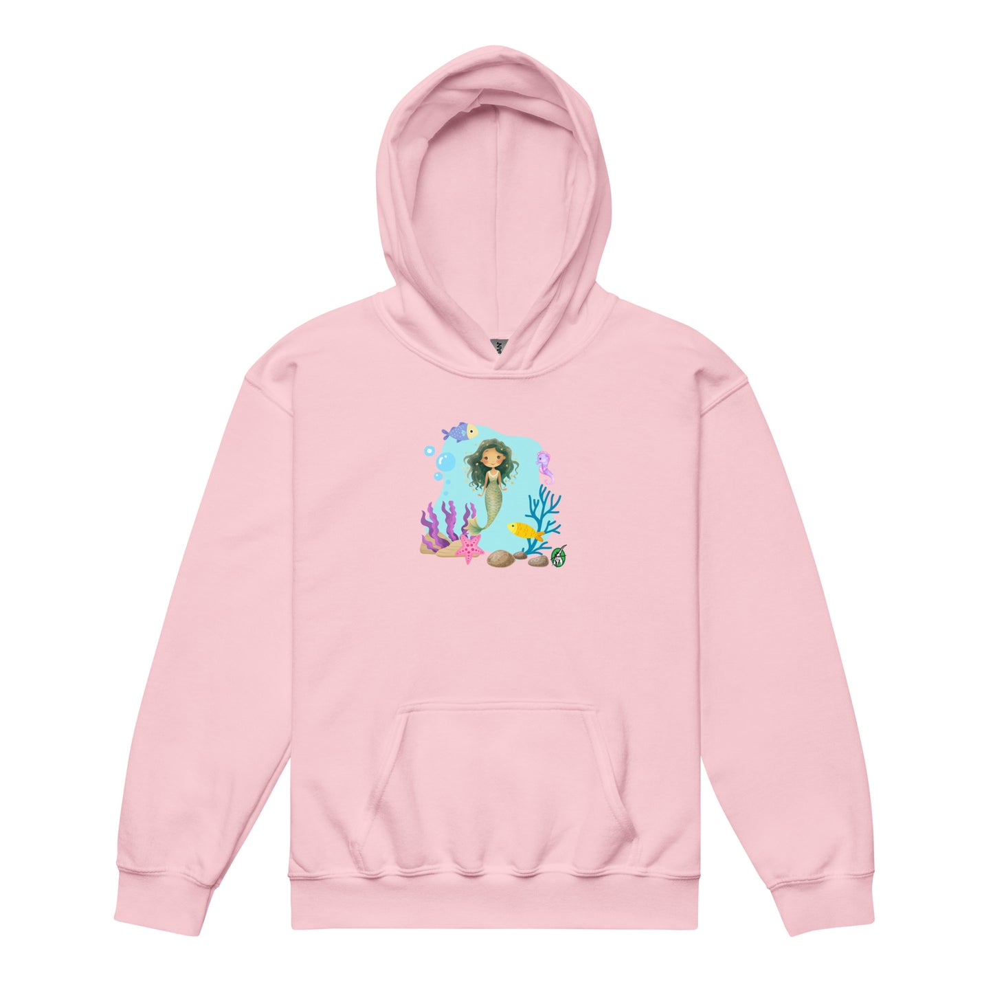 A Wizard Prints kids hoodie in pink with a printed graphic on the front of a cartoon mermaid in the ocean

