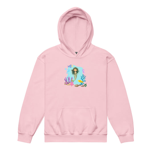 A Wizard Prints kids hoodie in pink with a printed graphic on the front of a cartoon mermaid in the ocean
