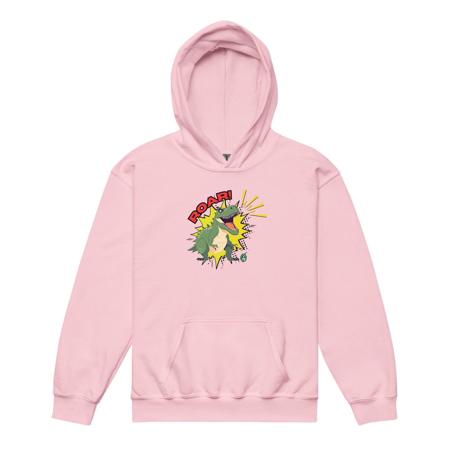 A Wizard Prints kids hoodie in pink with a printed graphic on the front of a cartoon dinosaur in green with the word, Roar!