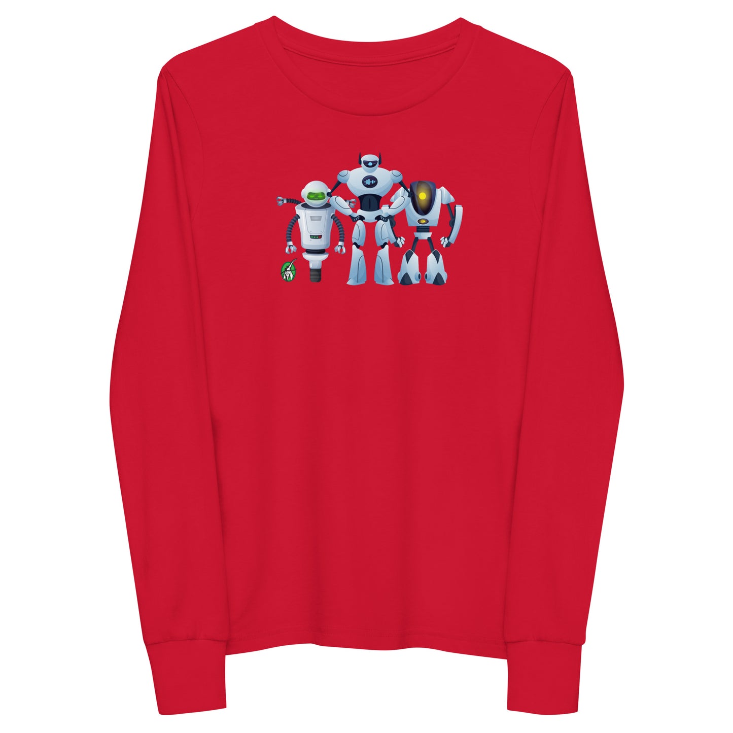 Kids' red long-sleeve T-shirt featuring a printed graphic of robots, by Wizard Prints.