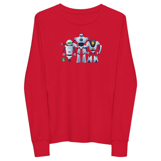 Kids' red long-sleeve T-shirt featuring a printed graphic of robots, by Wizard Prints.