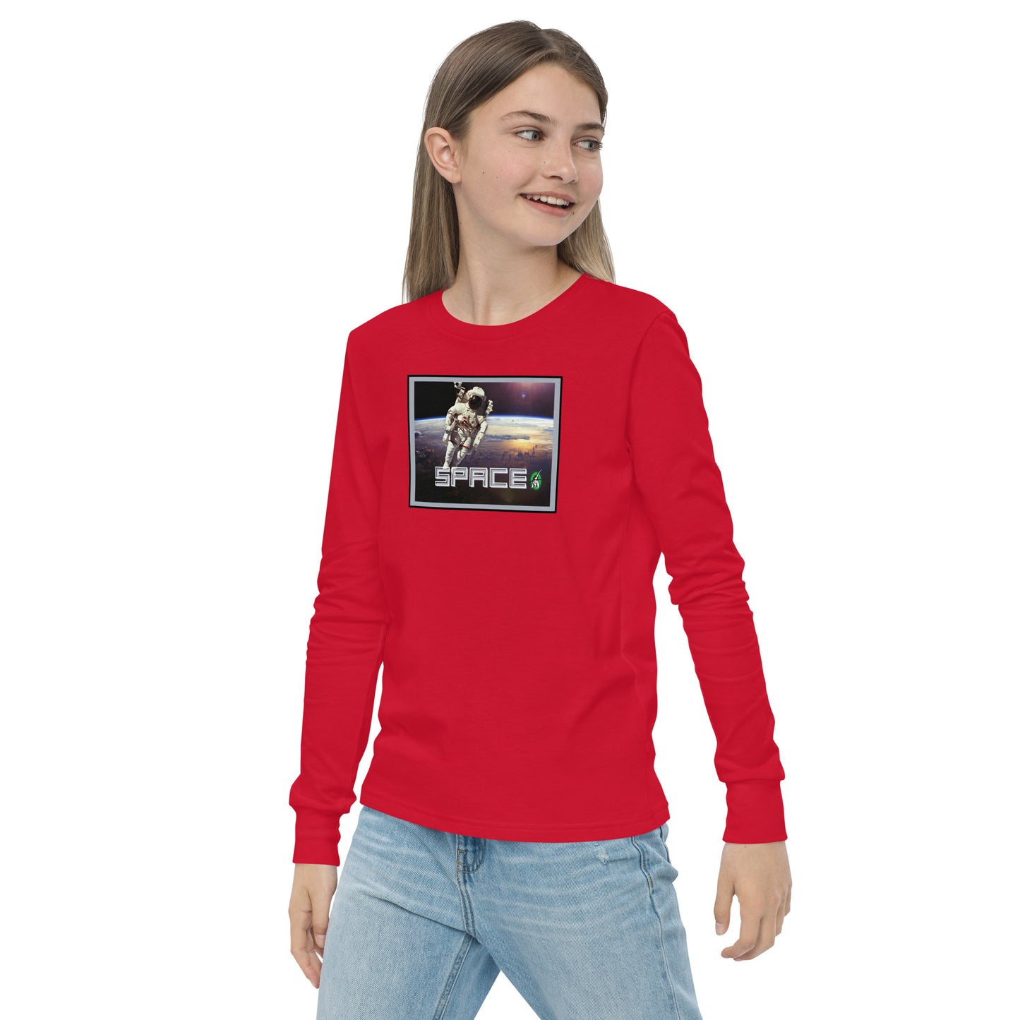 A girl wearing a red long-sleeve T-shirt featuring a printed graphic of a real astronaut in space and the word "Space", by Wizard Prints.