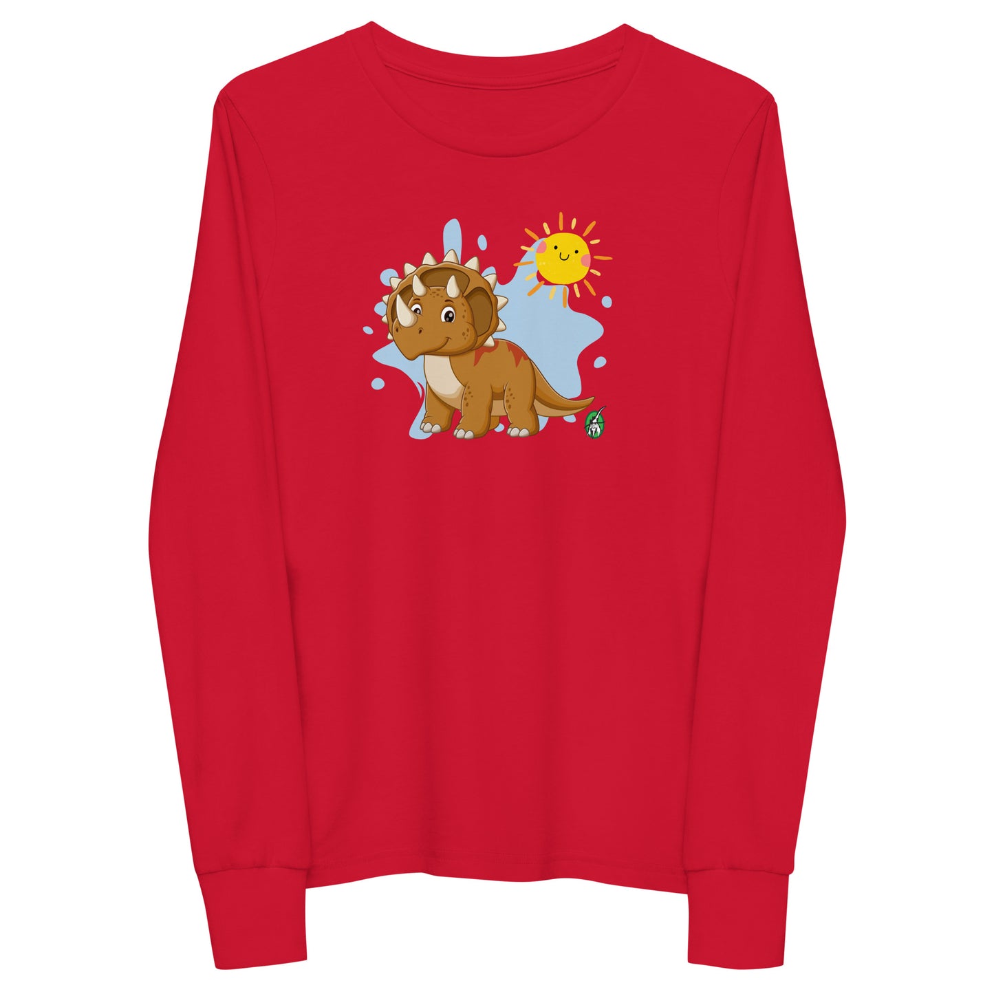 Kids' red long sleeve t-shirt with a printed graphic of a triceratops dinosaur and the sun, by Wizard Prints.